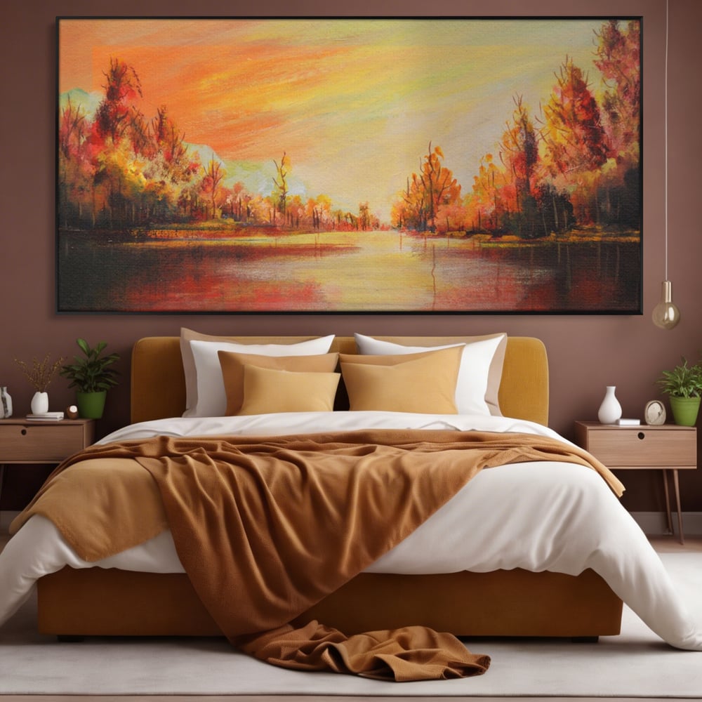 Tablou canvas cu pictura cu peisaj de toamna si lac, in rama de aluminiu negru, pe perete intr-un dormitor